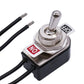 Mini toggle rocker switch with metal threaded top and red ON/OFF labels, wire leads