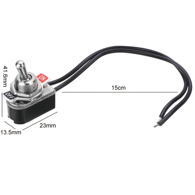 Mini toggle rocker switch with wire leads; shows 15 cm cable length and 23 mm base