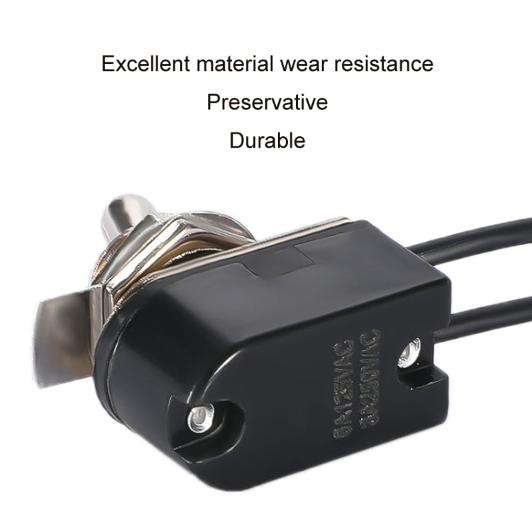 Mini toggle rocker switch module with black housing and metal toggle, two wire connections