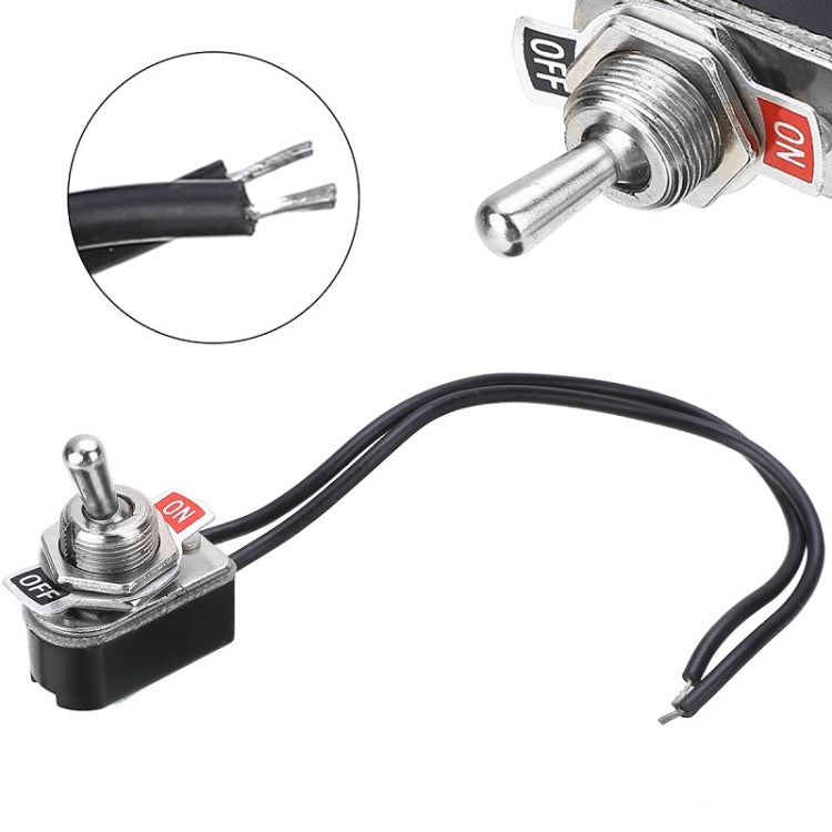 Mini toggle rocker switch with ON/OFF lever and two-prong wire ends, black base