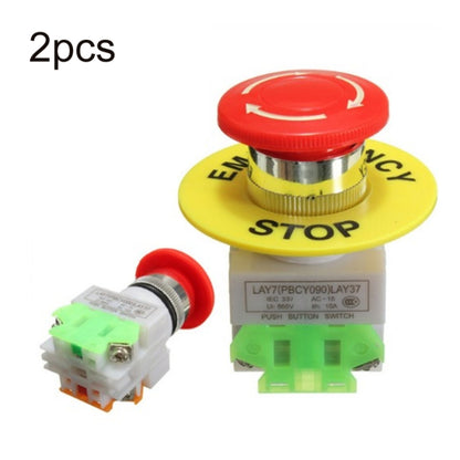 Emergency stop mushroom button, yellow base and red push head, with wiring terminals