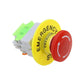 Emergency stop mushroom button with yellow panel, red cap, and electrical connector block
