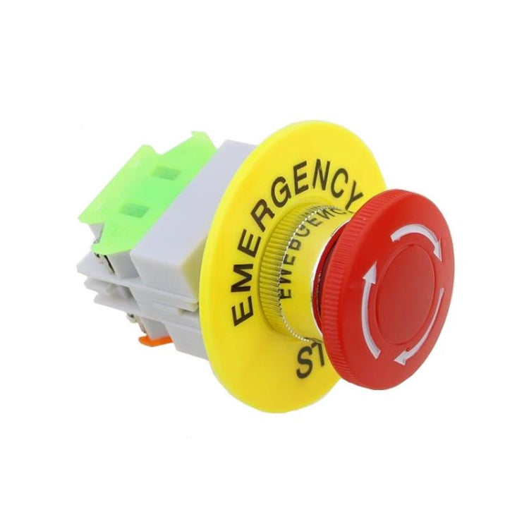 Emergency stop mushroom button with yellow panel, red cap, and electrical connector block