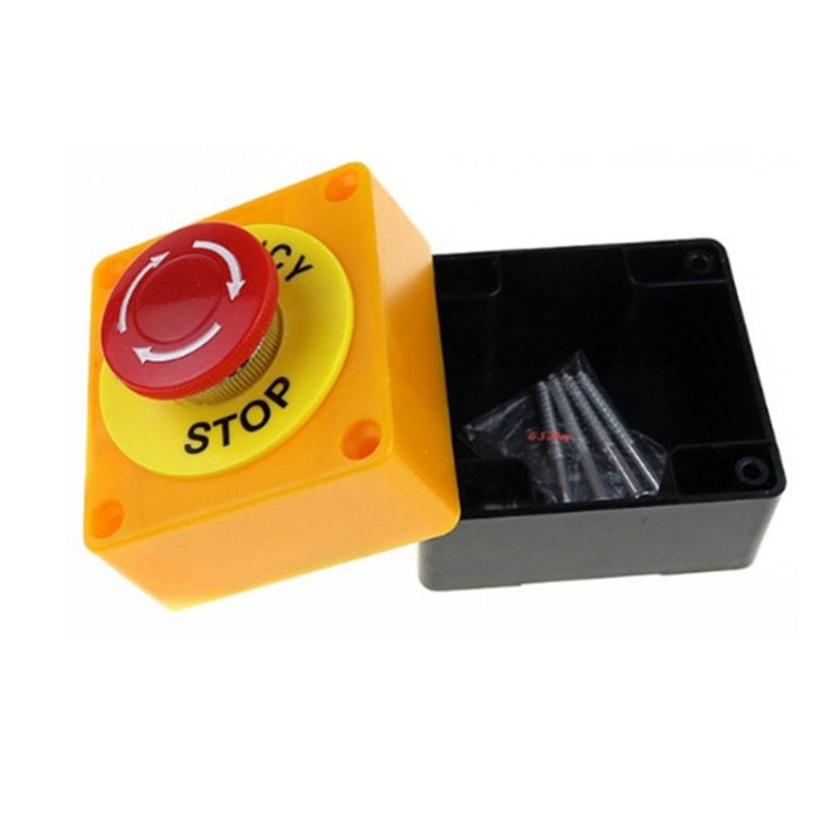 Emergency stop mushroom button in yellow housing with red STOP cap and black mounting base