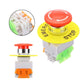 Emergency stop mushroom button with yellow base, red head, and exposed internal connector