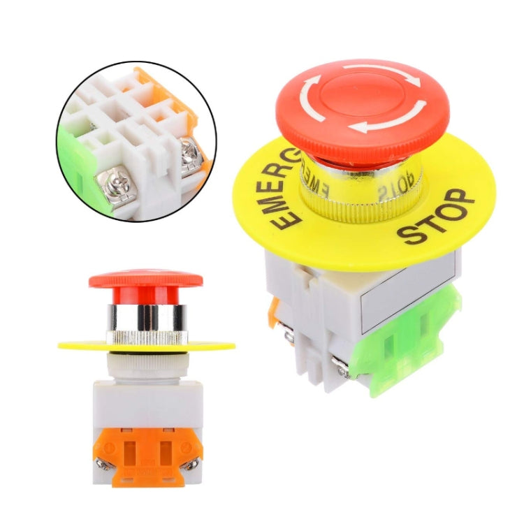 Emergency stop mushroom button with yellow base, red head, and exposed internal connector