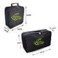 Black square/rectangular storage bag with handle and zipper, neon green car icon; size view.