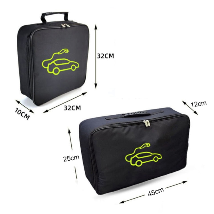 Black square/rectangular storage bag with handle and zipper, neon green car icon; size view.