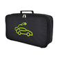 Black rectangular charger storage bag with top handle and front zipper, neon green car icon.