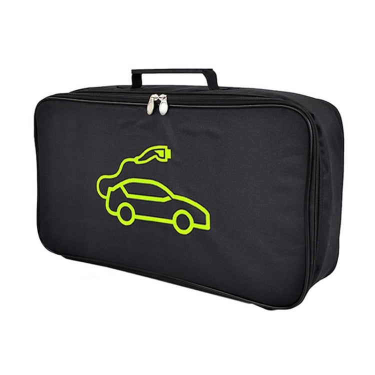 Black rectangular charger storage bag with top handle and front zipper, neon green car icon.