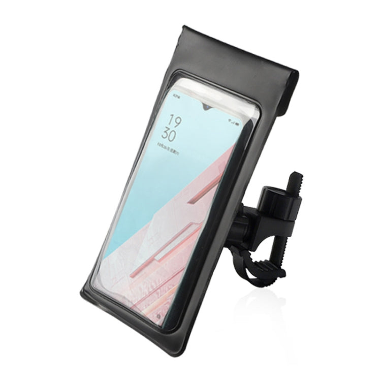 Black waterproof phone navigation bracket with clear touchscreen cover and bike mount clip