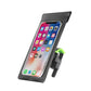 Black waterproof phone case bracket with clear window and handlebar mounting clamp