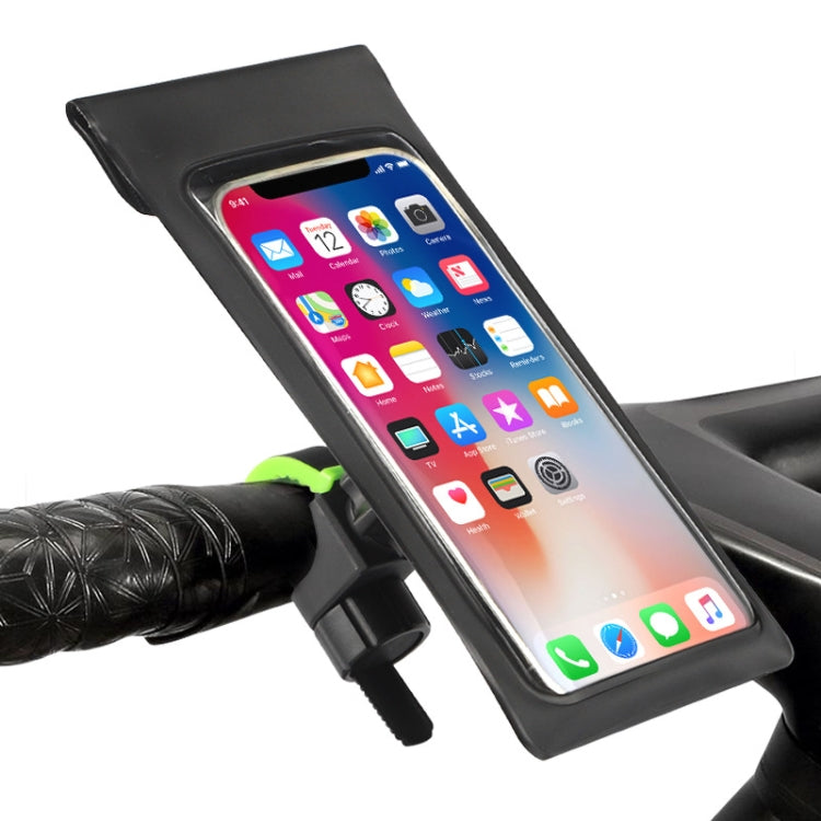 Black waterproof phone bracket with clear touchscreen window and green mounting lever