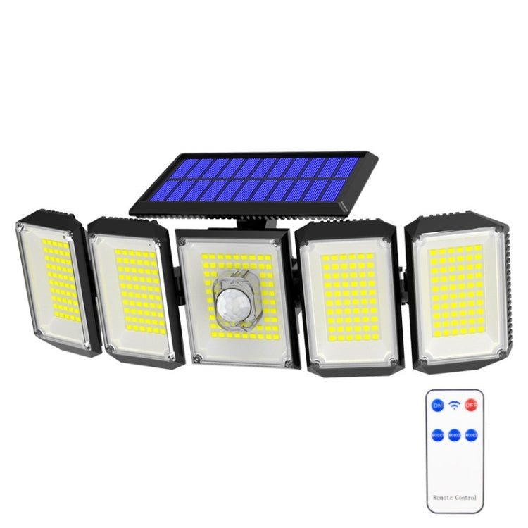Solar LED wall light with motion sensor and remote control, four light panels and top solar panel