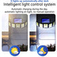 Solar motion sensor wall light with four LED panels and a roof-style solar panel on top