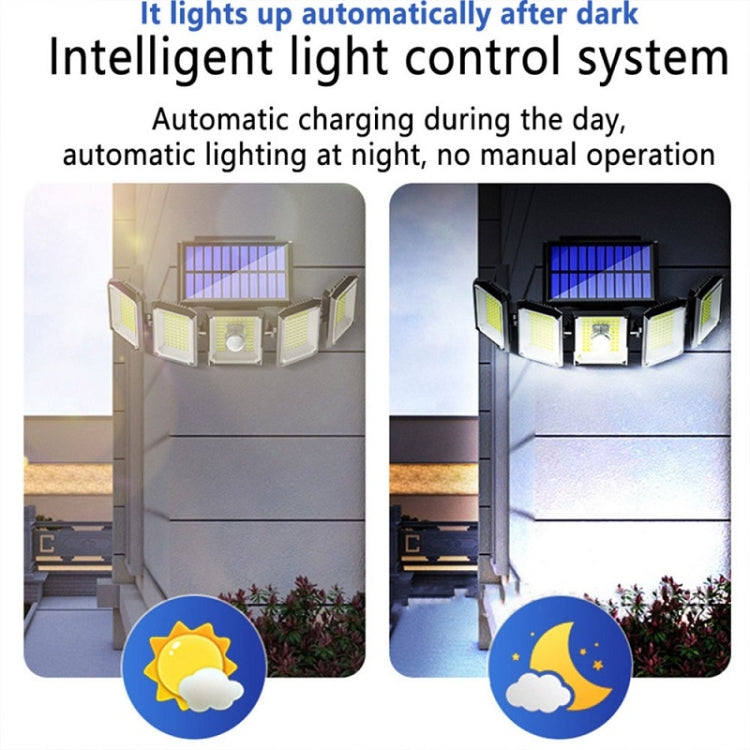 Solar motion sensor wall light with four LED panels and a roof-style solar panel on top