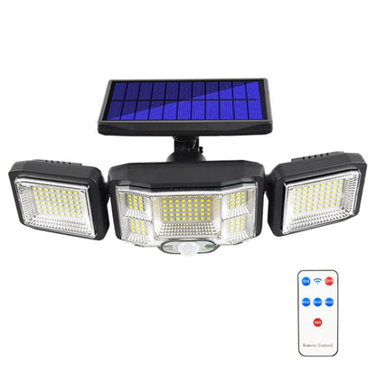 Solar wall flood light with triple LED heads, rotating sensor, and remote control, black