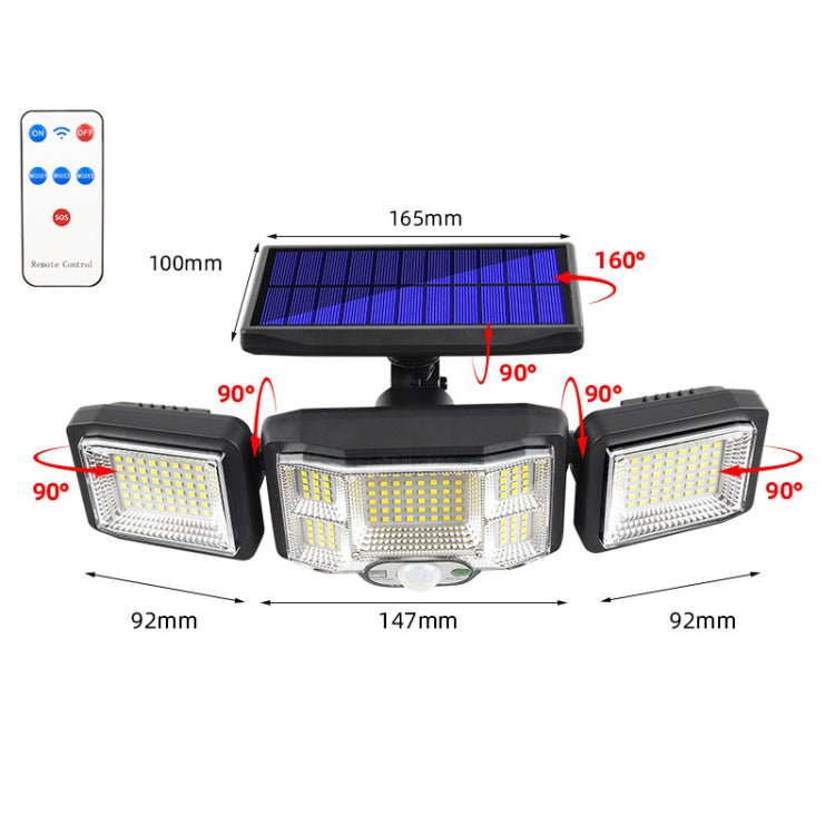 Solar wall flood light with three rotating LED panels and motion sensor, size shown, black