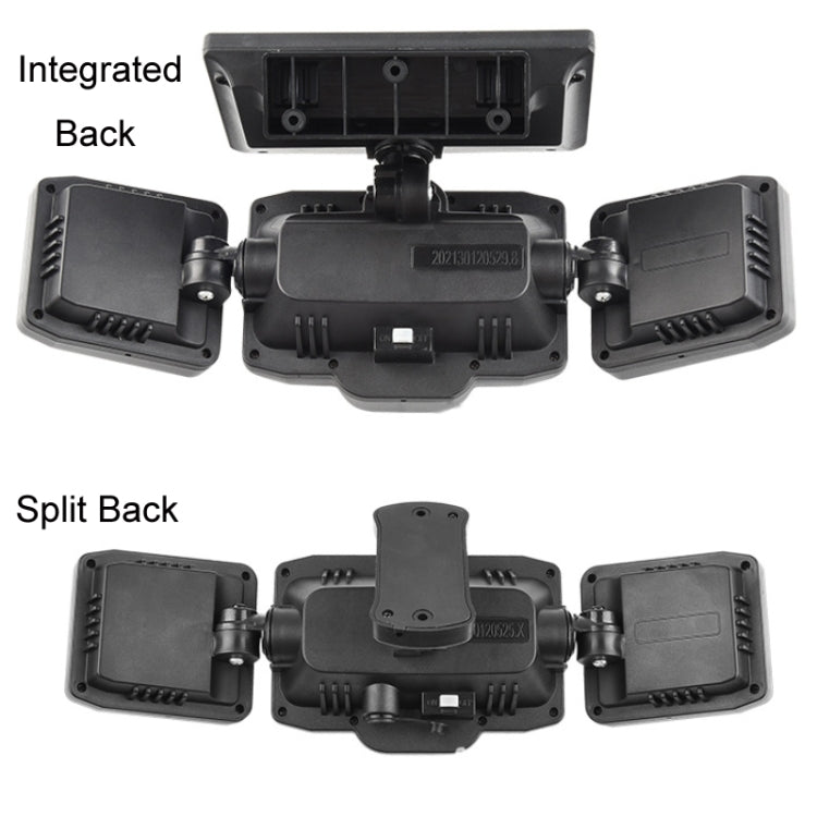 Solar wall flood light back view showing integrated and split mounting options, black