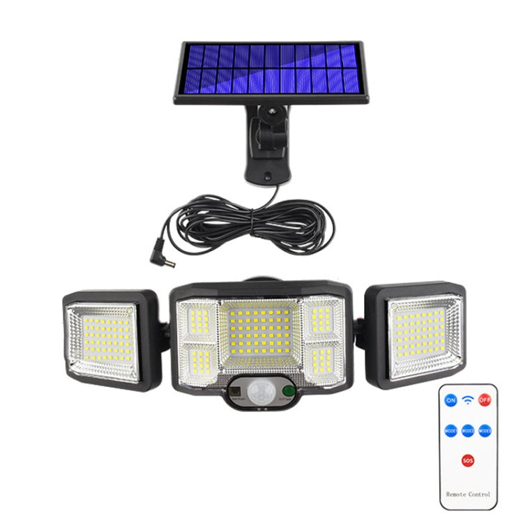 Solar wall flood light kit with mounting bracket, cable, three LED modules, and remote, black