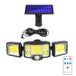 Solar wall flood light kit with triple LED modules, motion sensor, and remote control, black