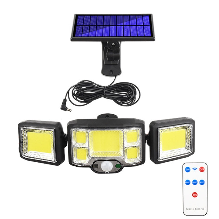 Solar wall flood light kit with triple LED modules, motion sensor, and remote control, black