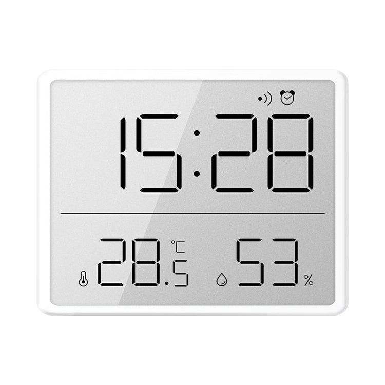 White LCD digital wall clock showing time, temperature, and humidity readings