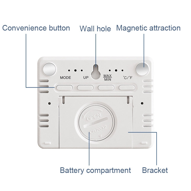 White digital clock back view with controls, wall hole, and battery compartment