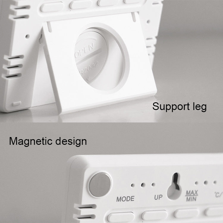 White magnetic digital clock with support leg and button controls visible