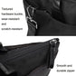 Black tote close-up: textured hardware buckle and smooth durable zipper