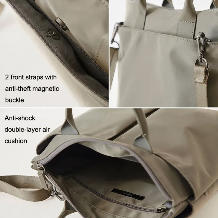 Khaki messenger bag with front zipper pocket, reinforced straps, and adjustable shoulder strap