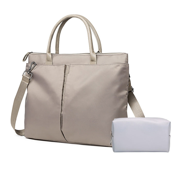 Light khaki laptop tote with shoulder strap and matching small zip pouch