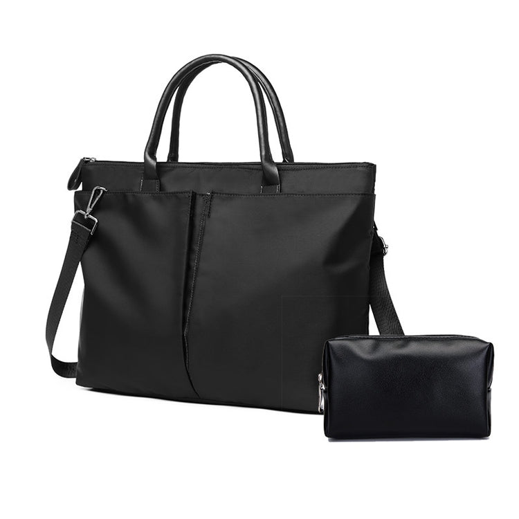Black laptop tote with shoulder strap and matching small zip pouch
