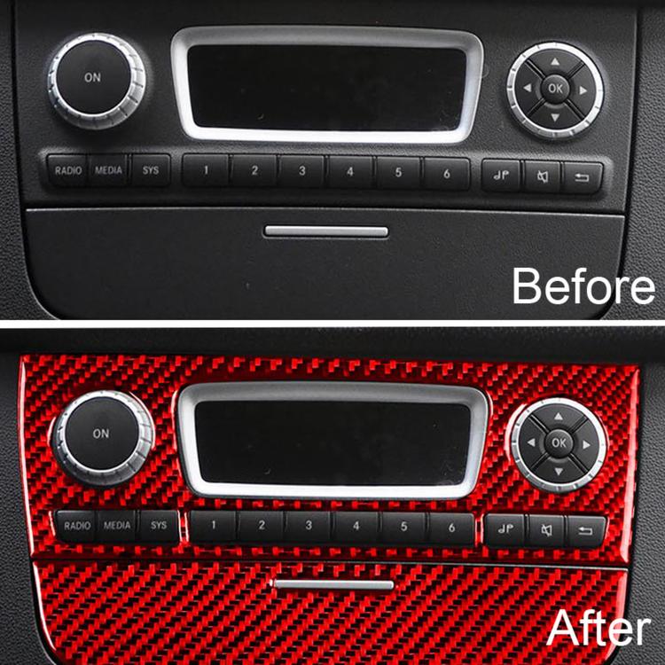 Red carbon-fiber CD panel overlay sticker set installed on dashboard center console