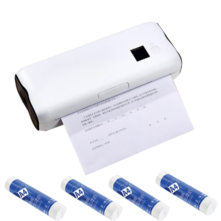 White wireless thermal printer with A4 paper roll and four included A4 paper rolls