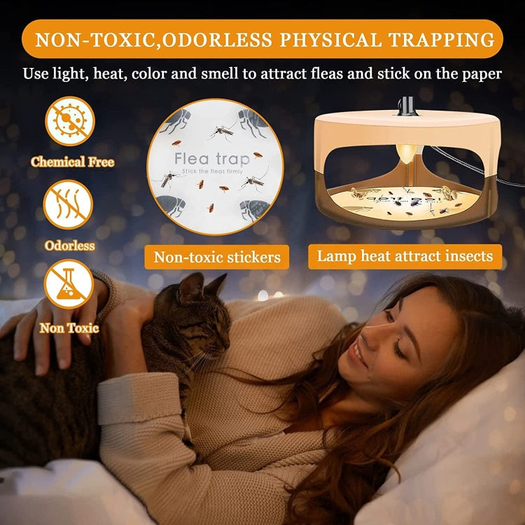 Beige flea trap lamp with glowing interior window and non-toxic physical trapping icons