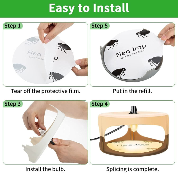 Beige flea trap installation guide showing protective film removal and bulb placement