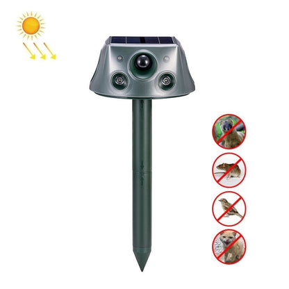 Four-sided solar animal repeller with stake and four-sensor ultrasonic face panel