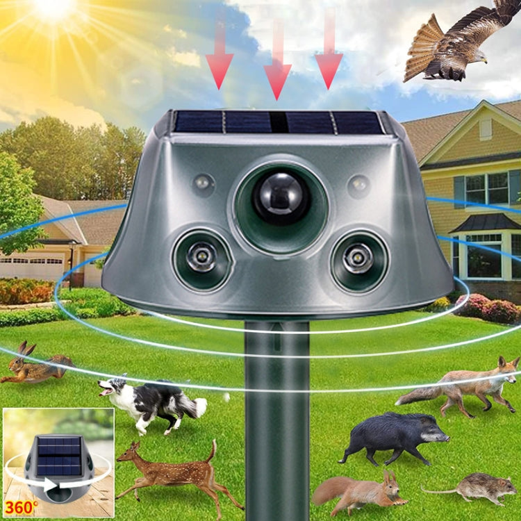 Four-sided solar animal repeller close-up with solar panel and four ultrasonic openings