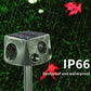 Solar ultrasonic animal repeller with transparent top cover and four side speaker openings