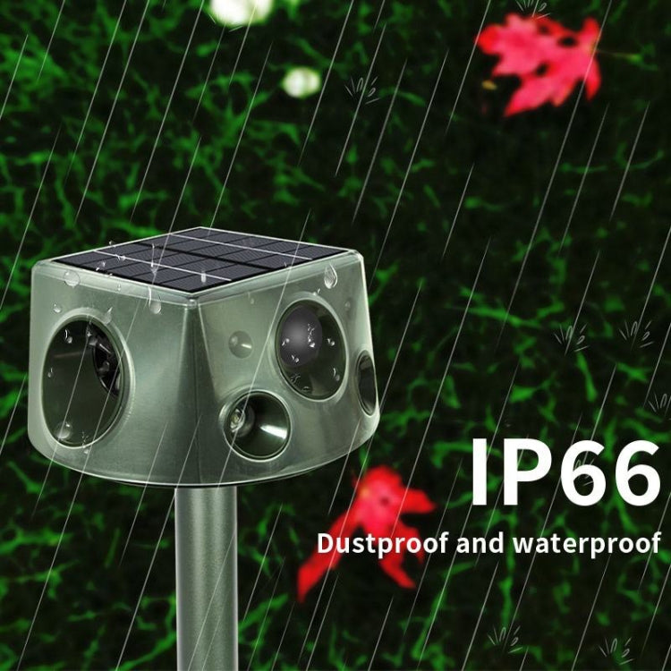 Solar ultrasonic animal repeller with transparent top cover and four side speaker openings