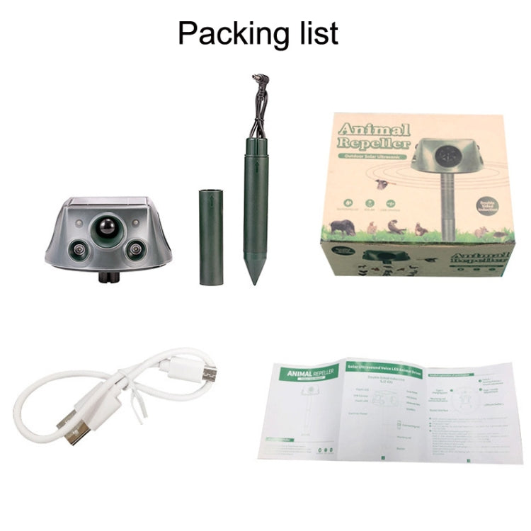Solar animal repeller kit with repeller unit, ground stake, cable, and instruction papers