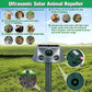 Solar ultrasonic animal repeller on stake with solar top and four speaker openings