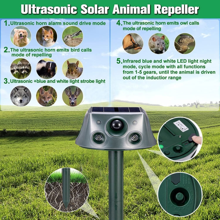 Solar ultrasonic animal repeller on stake with solar top and four speaker openings