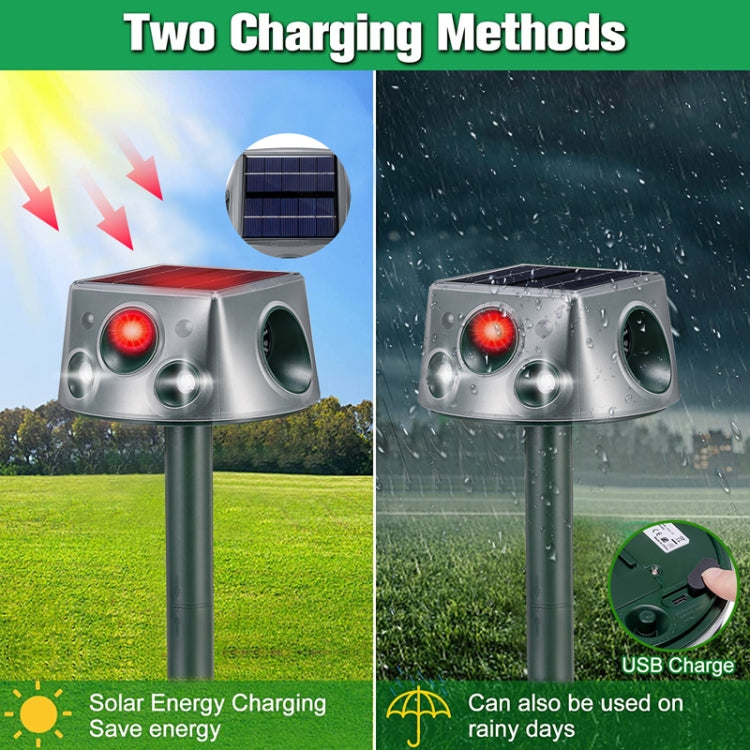 Solar animal repeller with red indicator light, solar panel on top, and four openings