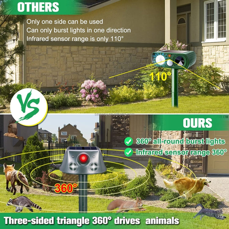 Solar animal repeller on stake with red sensor light and four-side speaker design