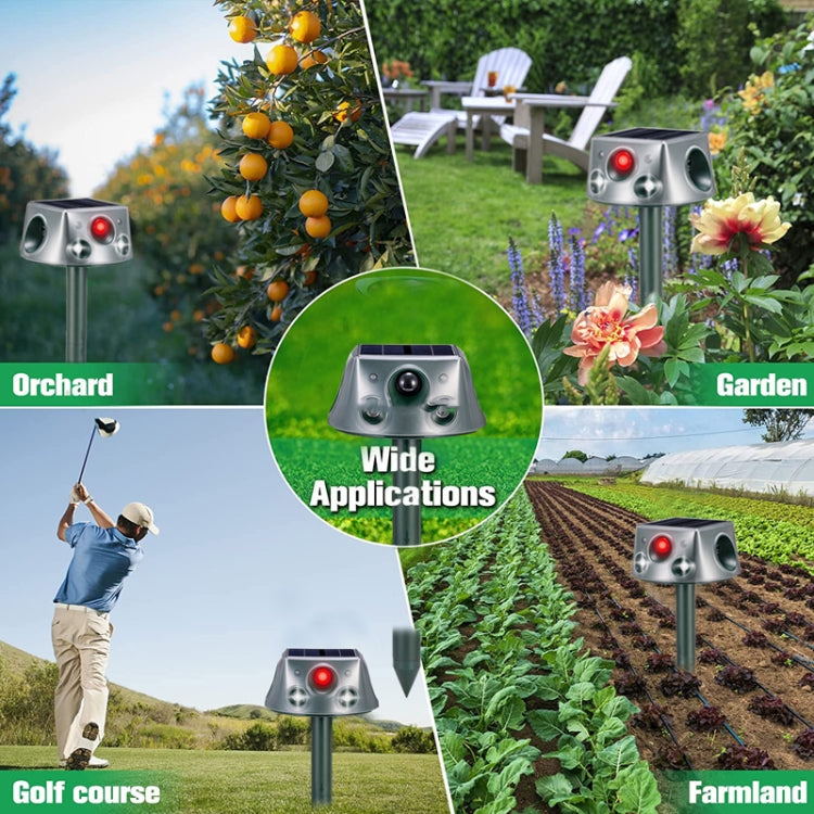 Solar animal repeller unit with solar top, red indicator, and four speaker openings