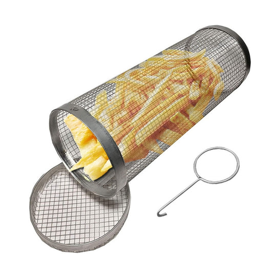 Round mesh BBQ cage tube with hook, stainless wire cylinder for grilling food