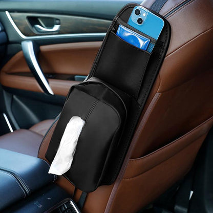 Car seat side storage pocket tissue holder in black with phone slot and tissue panel