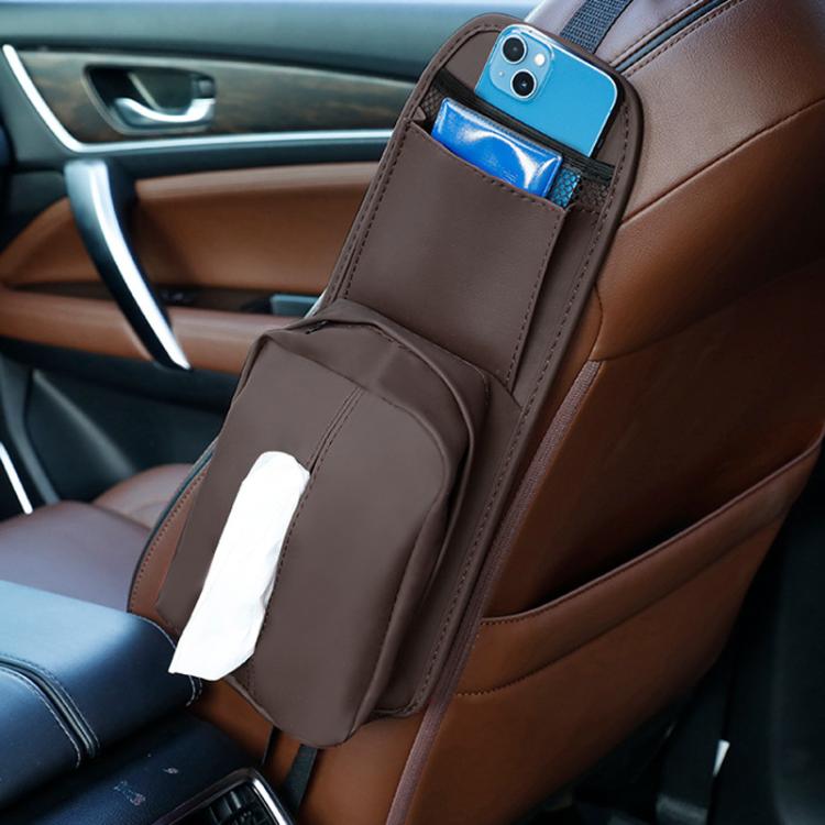 Car seat side storage pocket tissue holder in brown with phone slot and tissue panel